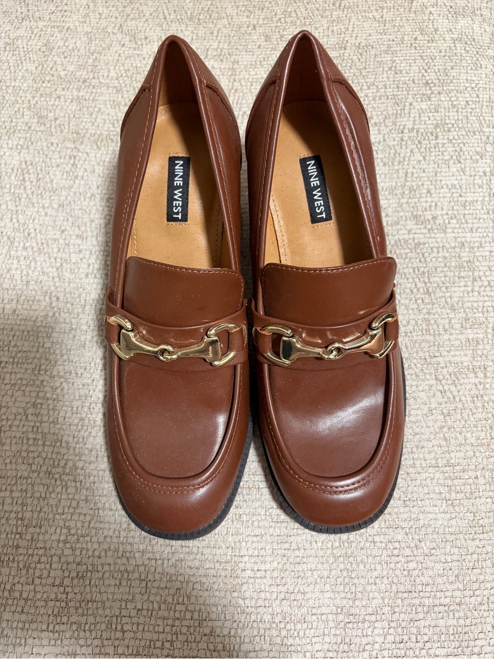 Nine West Chestnut Brown Leather Loafers with Gold Buckle & Block Heel
